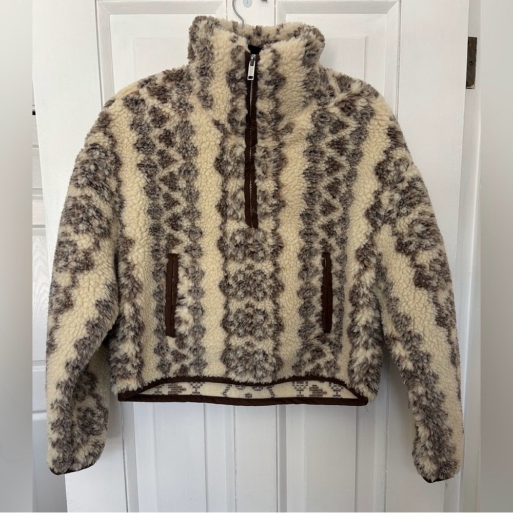 NWT Isabel Marant Cream and Brown Patterned Sherpa Half-Zip Pullover - Picture 4 of 4